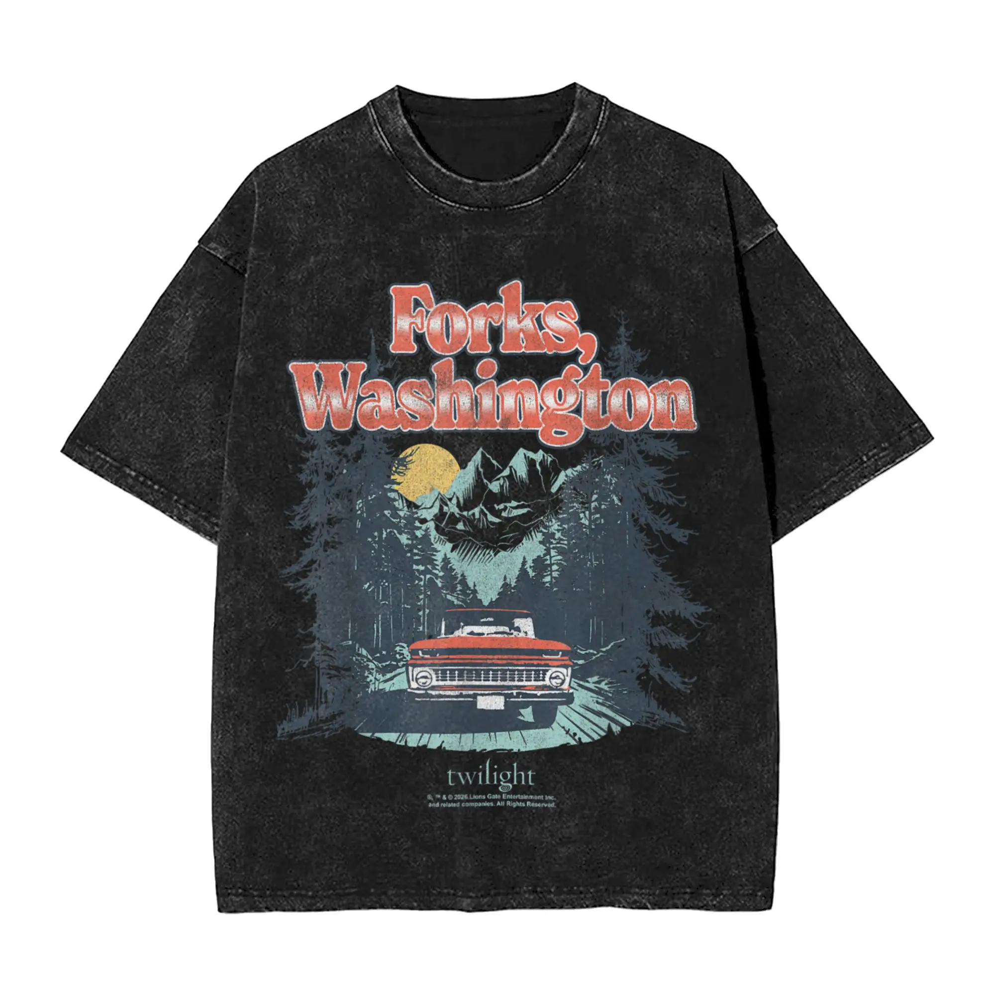 Twilight Retro Forks Washed T-Shirt Male  Washington Truck Scene Souvenir Movie T-Shirts Summer Tees Loose Plus Size Clothing