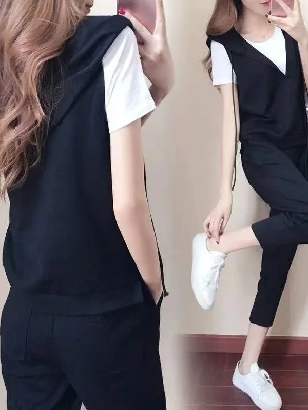 

Fashionable Casual Sportswear Set Short Sleeve Top And Vest plus Size Three Piece Set for Younger Looking Commute High Waist ...