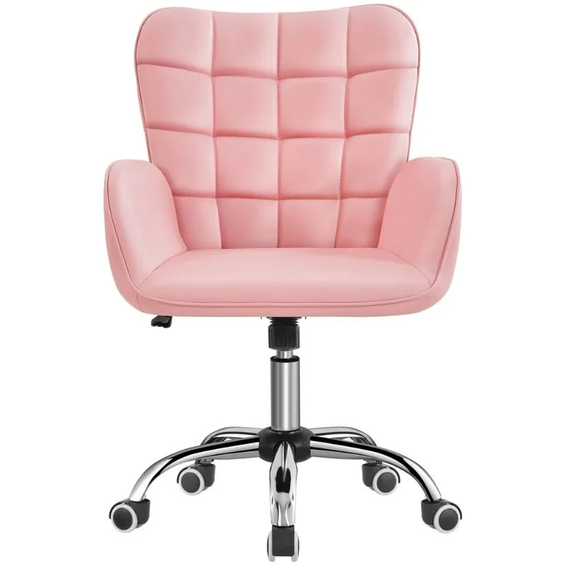 

Modern Faux Leather Desk Chair with Mid-back Padded Armrests for Office, Pink
