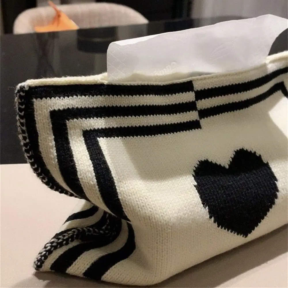 Decoration Knit Desktop Tissue Box Foldable Reusable Heart and Plaid Napkin Cover Dustproof Home Livingroom Car Paper Towels Bag