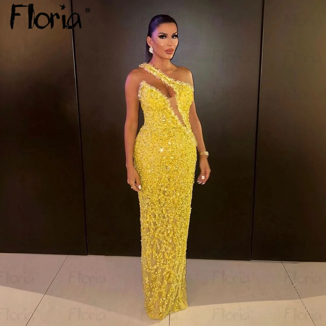 Floria Asymmetric Neck Illusion Stones Long Party Dress Arabic Custom Made Wedding Prom Dresses for Women Formal Evening Dress