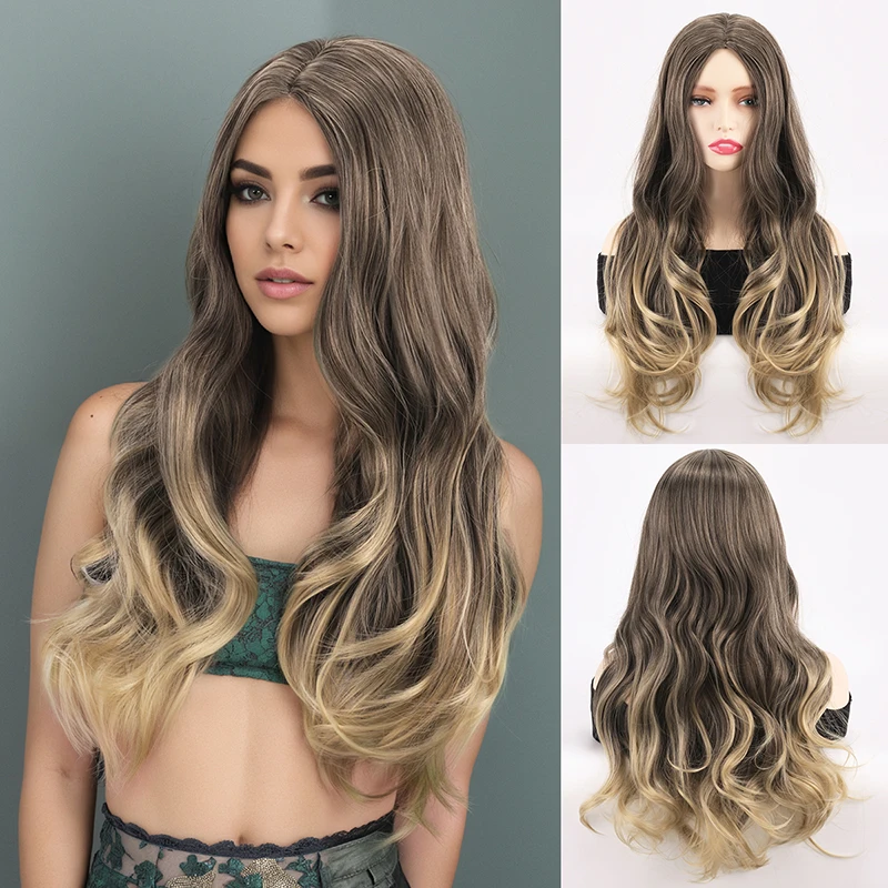 

European and American new wig for women, gradient brown, long curly hair, big wave full head cover Synthetic fiber wig