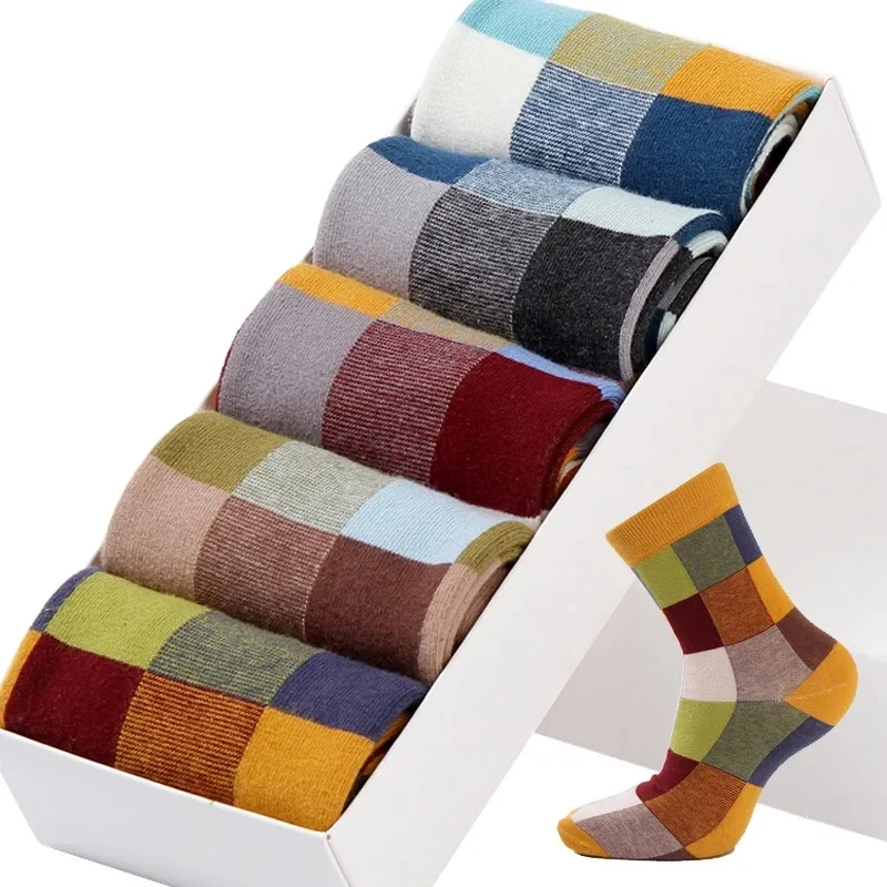 5 Pairs/Lot Combed Cotton Men\'s Socks Compression Socks Fashion Colorful Square Happy Dress Socks Men Size 39-45