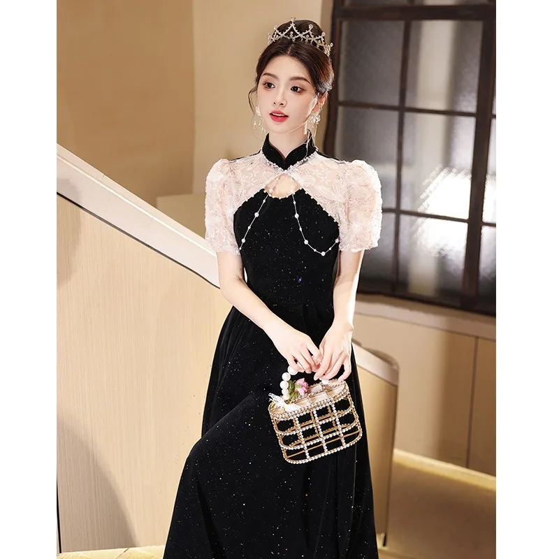 

Black Cheongsam Evening Dress Female 2025 New New Lace Princess Dress with New Collar Formal Dress Women Elegant Party Dresses
