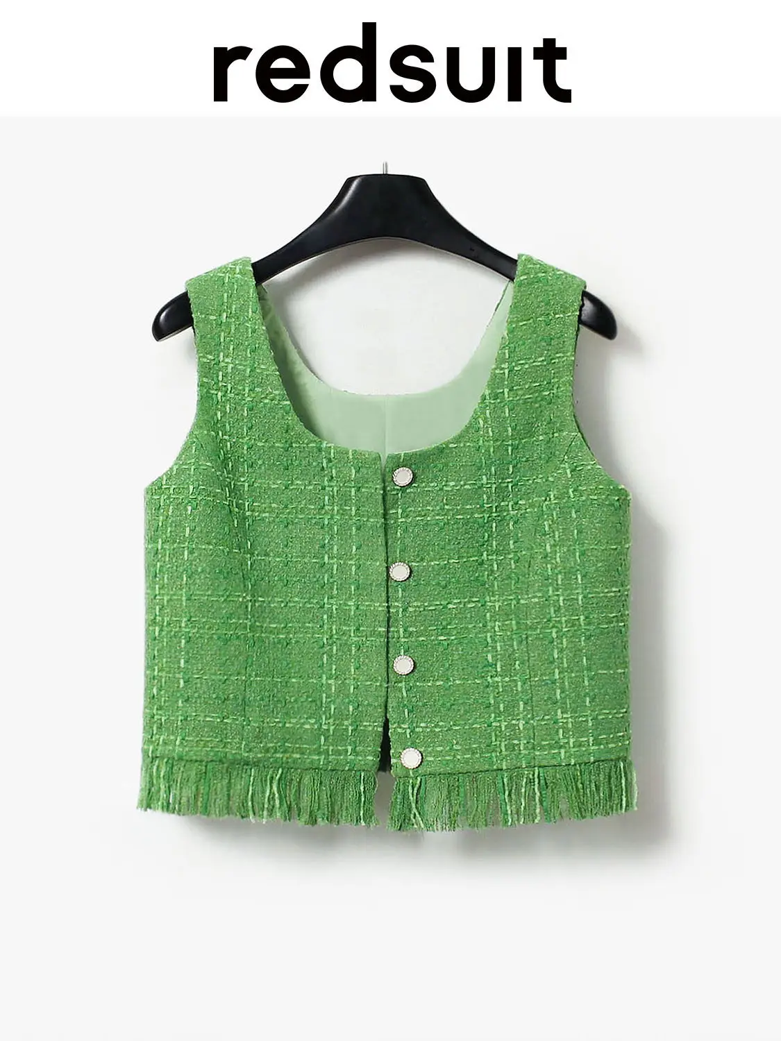 New Bright green tassel light weight tweed short style vest thin white top Custom size