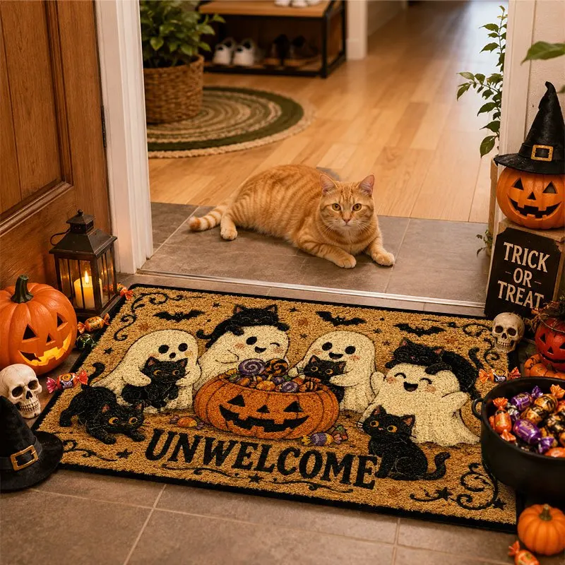 Ghost and Black Cat Pumpkin Candy Pattern Floor Mat Suitable for Entrance Bedroom Living Room or Home Decoration Floor Mat