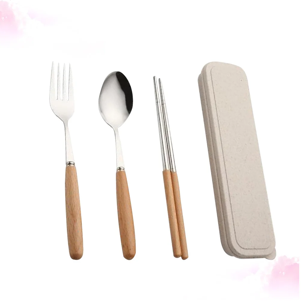 

3Pcs Wood Handle Tableware Set Stainless Steel Chopsticks Spoon Fork Portable Travel Camping Dinner Flatware Lightweight Carry