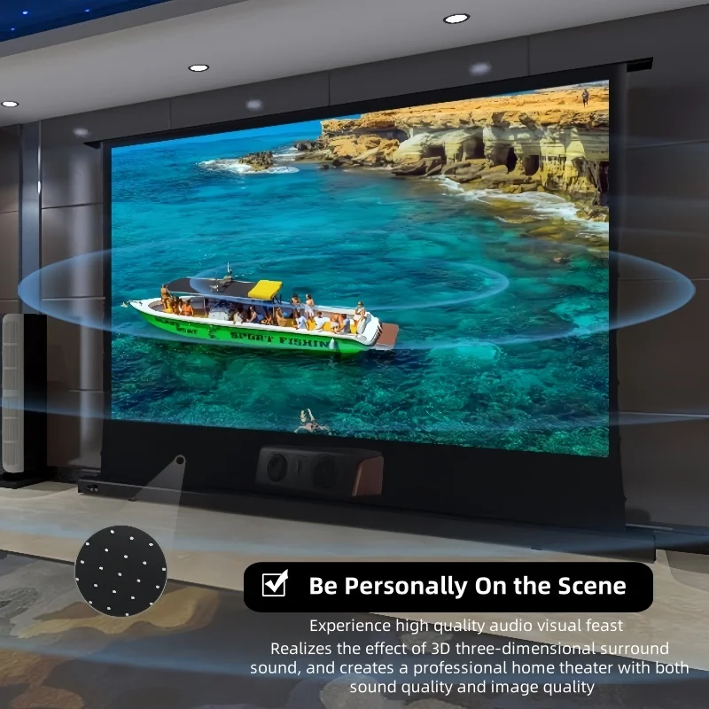 Electric Floor Rising Screen with Punch Hole Sound Transmission & Ambient Light Blocking Technology 100''-150'' Silent Motor