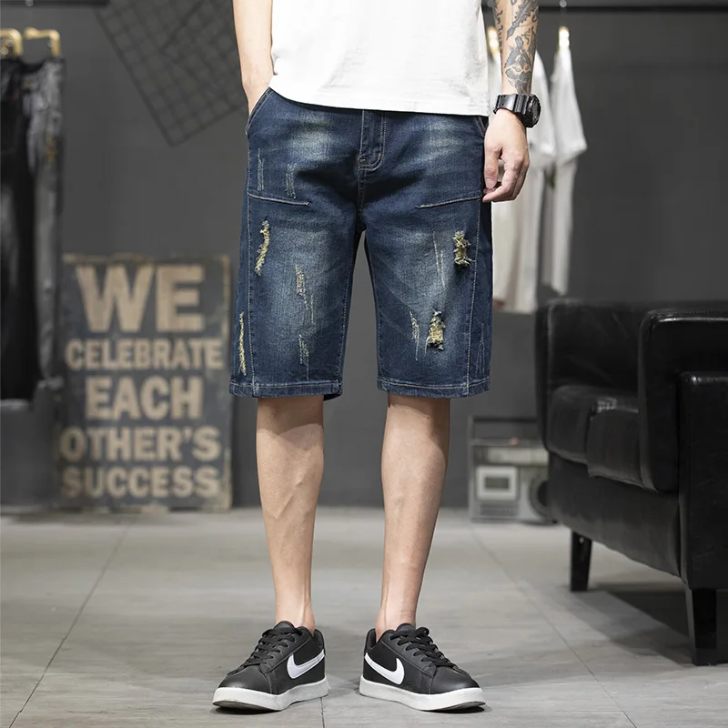 

Новая модель 2026 года: летние тонкие рваные джинсовые шорты для мужчин, свободный прямой крой, повседневные, большие размеры 28-44
