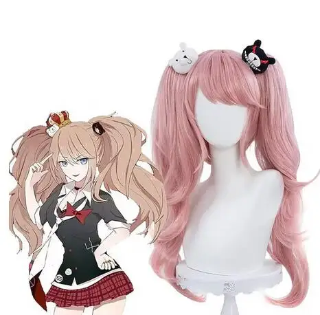 

Anime Danganronpa Enoshima Junko Cosplay Wig Pink Long Wavy With Ponytail Clip White Black Bear Hairpins Girl Gift