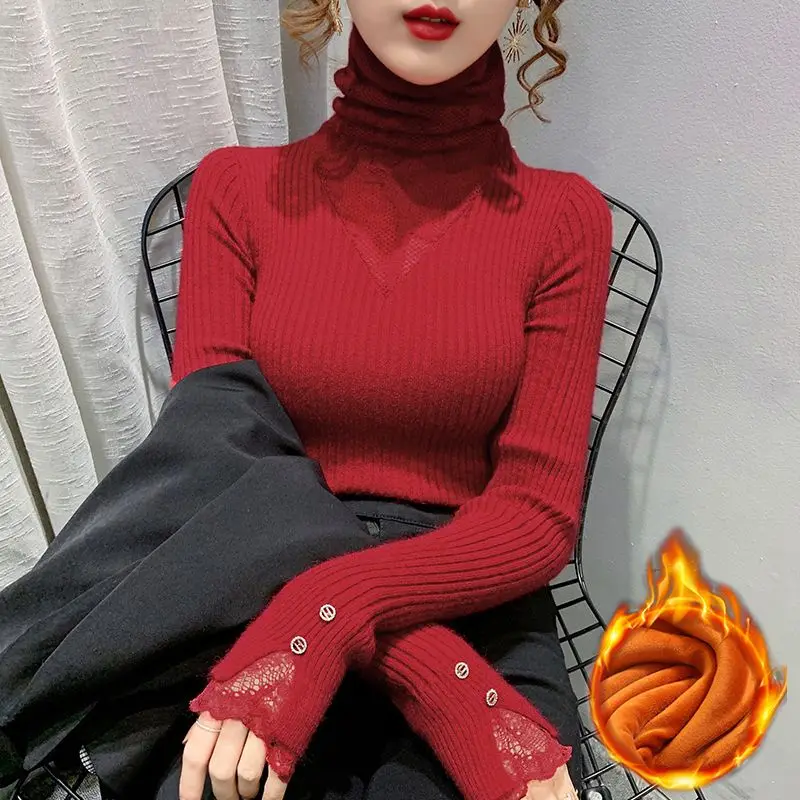 

Sheer Lace Panel Sweater Women Fleece Lined Stacked Neck Knitted Base Layer Thermal Top