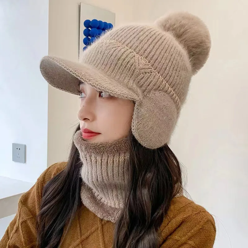 

Women's winter knitted scarf head hat plus velvet thickened warm windproof hood knitted ear protection bike wool hat
