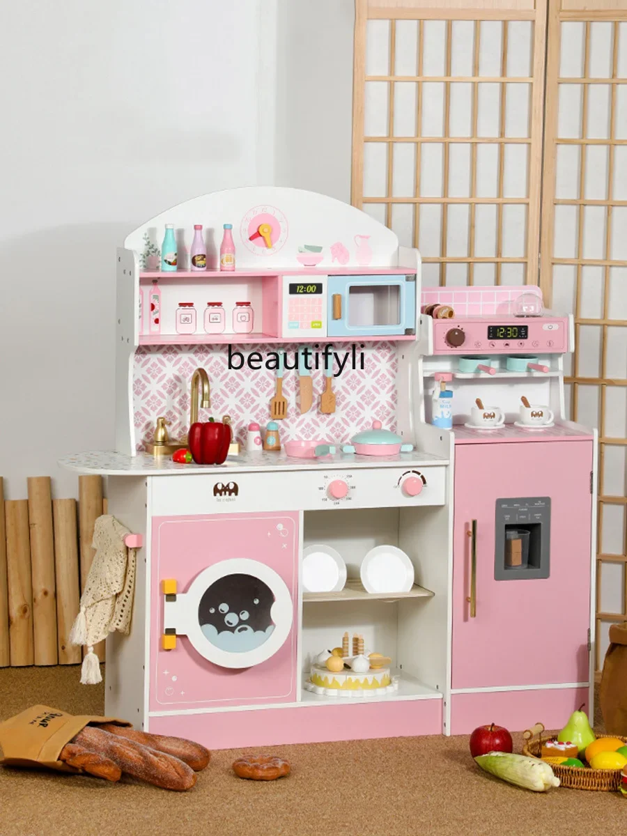 Kitchen toys full set simulation cooking wooden girl play house coffee machine refrigerator set combination