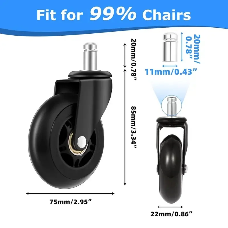 PU Office Chair Casters 3 Inch Heavy Duty, Gaming Desk Chair Wheels Hardwood Surface