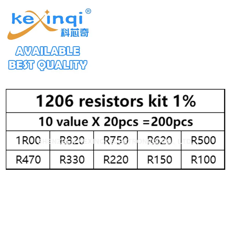 Kit de resistores SMD sortidas, 1% 1206, 10 Valor, 1R00, R820, R750, R620, R500, R470, R330, R220, R150, R100, 200pcs Set