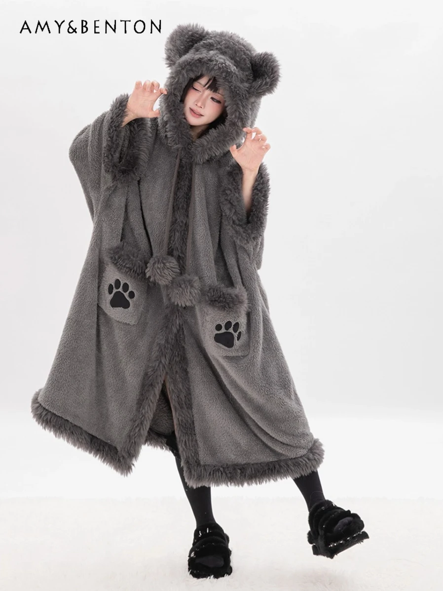 

Kawaii Cute Embroidered Big Ears Warm Loose Plush Cute Homewear Winte New Japanese Sweet Hooded Oversized Long Coat Women