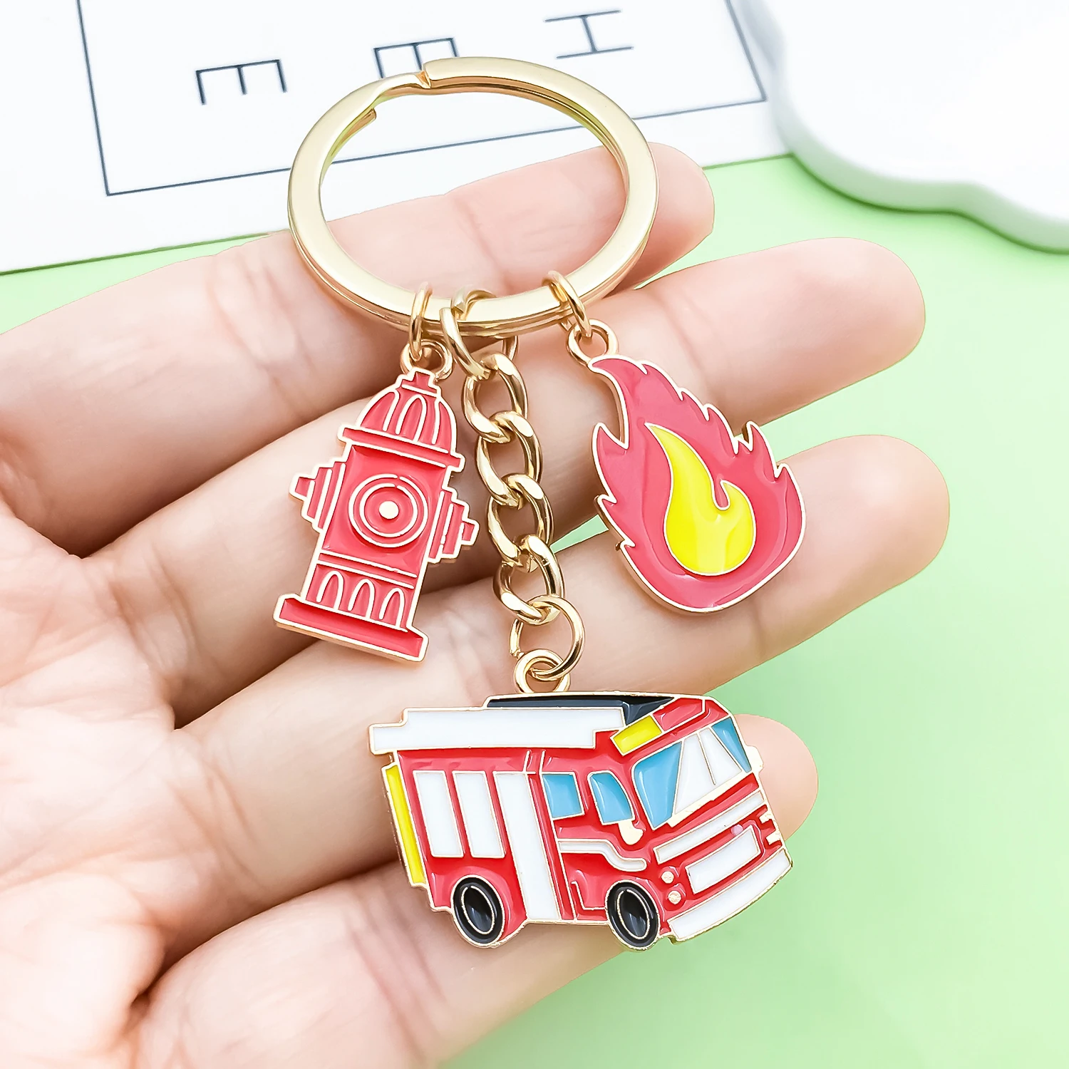 Heavy Equipment Key Ring - 1pc Firefighter Keychain, Enamel Fire Truck,