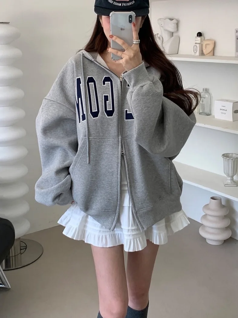 

Women's Oversized Hooded Fce Jaet Letter Print Casual Sle Zipper Cardigan Long Sve Warmth Comfortable Autumn Winter...