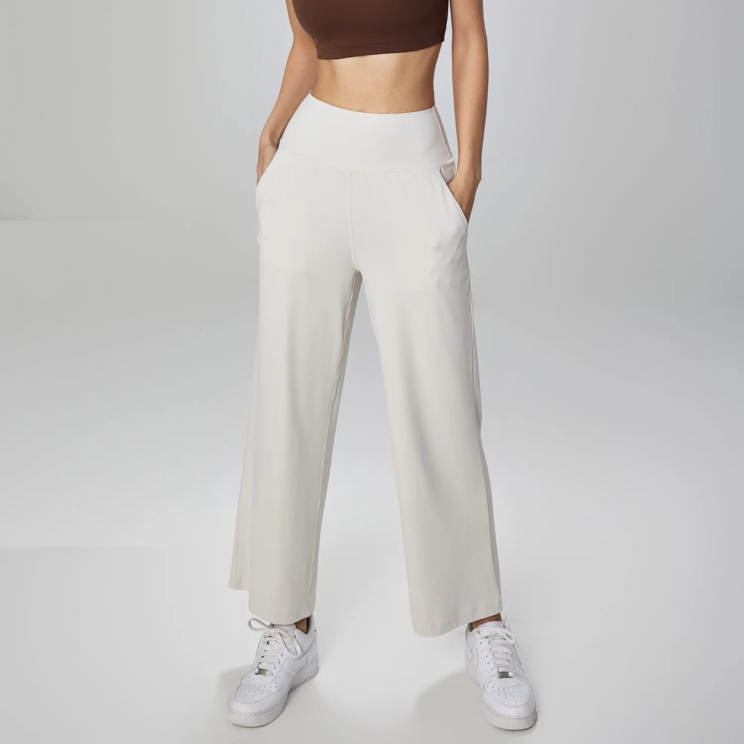 Solid Color Fitness Women Sports Pants High Waist Trumpet Yoga Leggings Workout flared With Pockets Loose Dance Pants Wide Leg