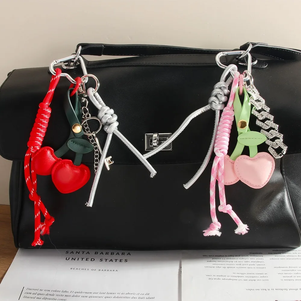 Cherry Bag Charm Keychain Double Cherry Layered Multi Charm Knotted Cord Hanging Purse Handbag Accessory Fashion Gift For Women
