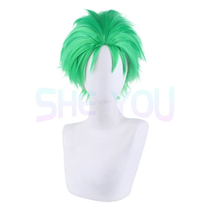 Roronoa Zoro Cosplay Wig Anime Roronoa Zoro Slicked-back Green Short Heat Resistant Synthetic Hair Halloween Wigs + Wig Cap