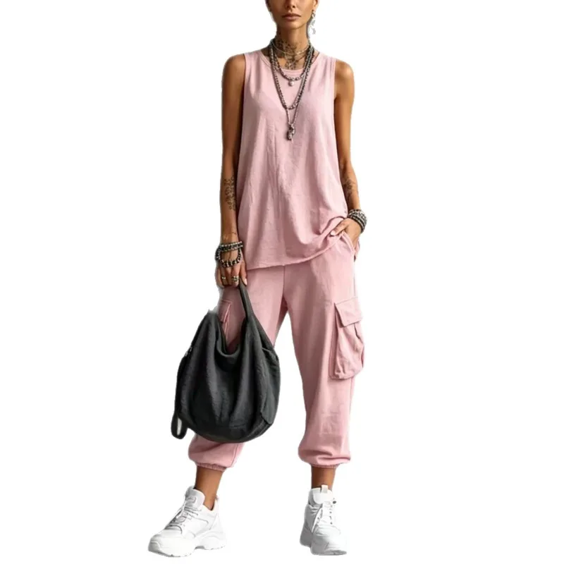 

Women Solid Sleeveless Round Neck Knit Tank Top Cargo Jogger Pants Two Piece Casual Summer Outfit Set