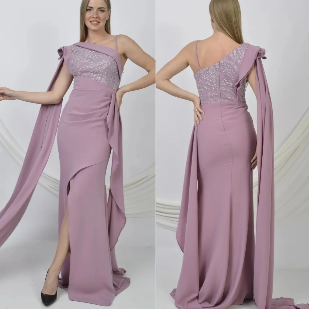 

Customized Jersey Sequined Beading Ruched Valentine's Day A-line One-shoulder Bespoke Occasion Gown Long Dresses