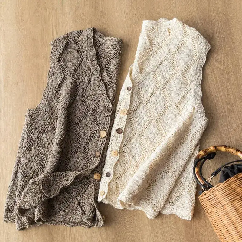 

Women Linen Crochet Knitted Tank Tops Summer V-neck Sleeveless Hollow Out Thin Single Breasted Cardigan