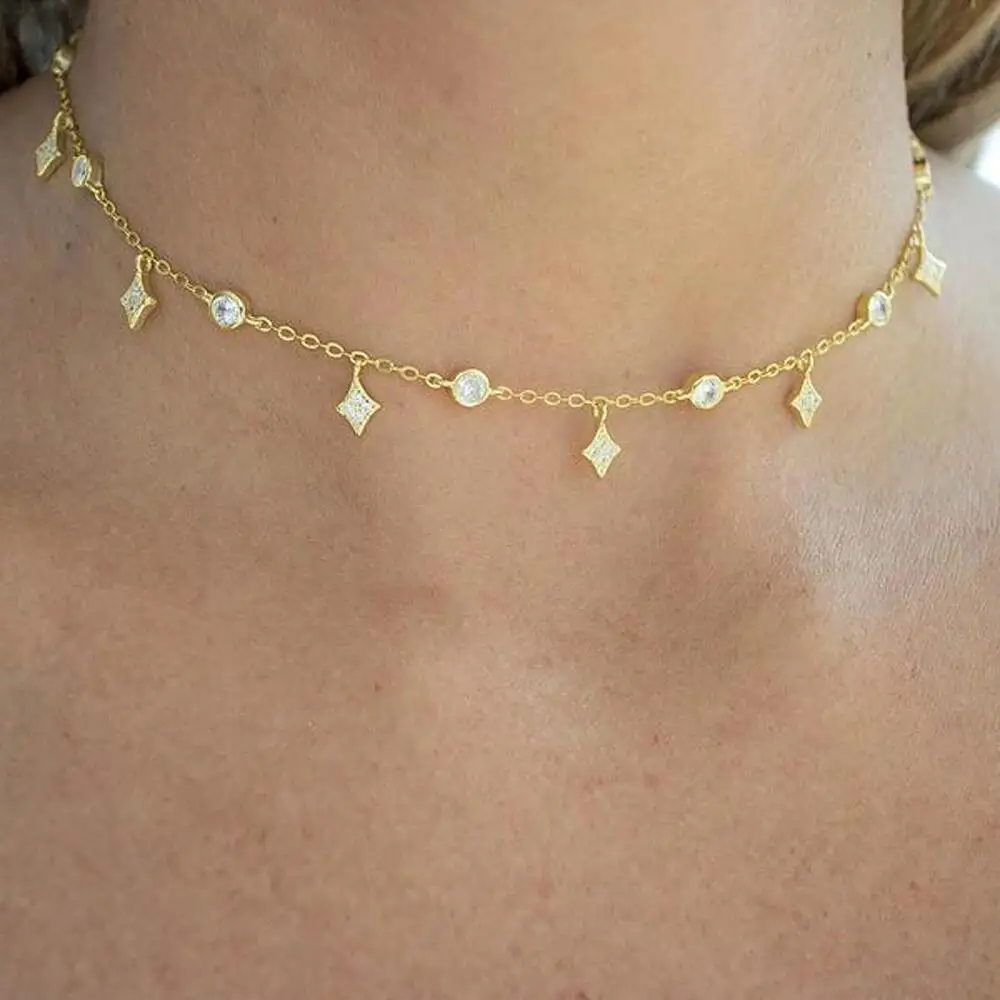 Moonstones CZ Station Jewelry Chain Elegant Women Stunning Lovely Necklace Fashion Modern Faced Stone Chic Necklaces