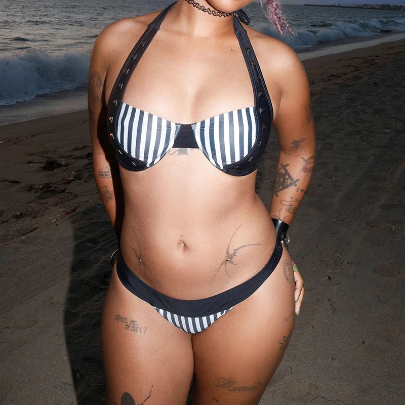 Summer Dark Gothic Y2k Millennium Hot Girl Style Rivet Striped Bikini Set European and American Retro Sexy Style Bikini Set emo view 2