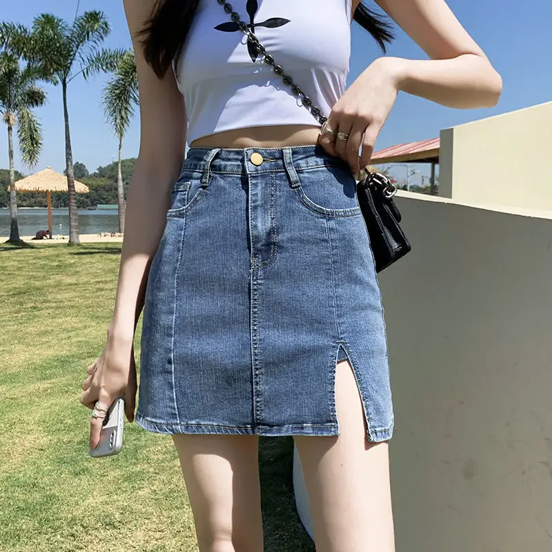 Denim Skirt Women's Summer Thin Trousers Skirt Invisible Open Crotch Outdoor Convenience Sex Urine Sheath A- line Short Skirt