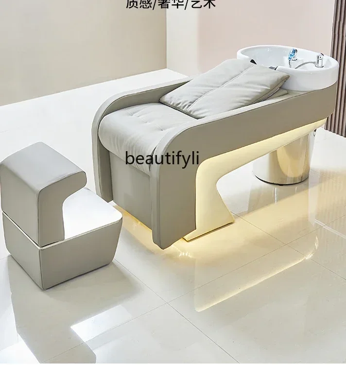 New Barber Shop Shampoo Chair for Hair Salon Half Lying Flushing Bed with Ambience Light Ceramic Basin Simple