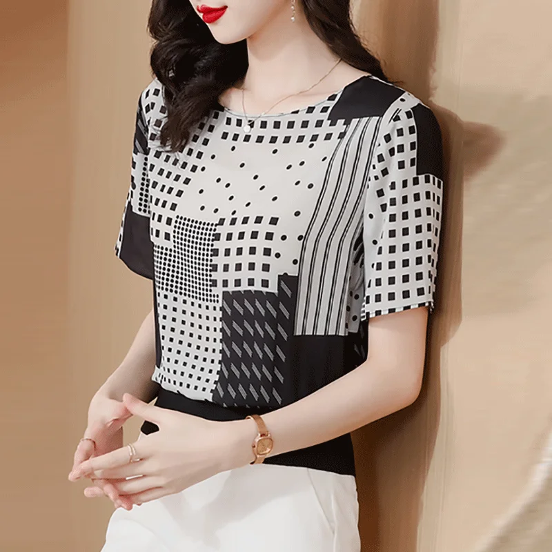 Korean Printed Plaid Pullovers Women's Clothing Fashion Spliced Summer Short Sleeve All-match Casual Round Neck Commute T-shirt