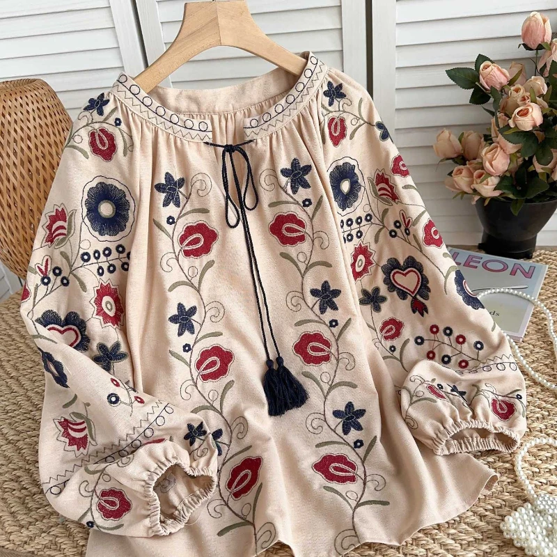 

Sweet retro lantern sleeves loose fitting shirt women heavy industry flower embroidery travel vacation long sleeved shirt
