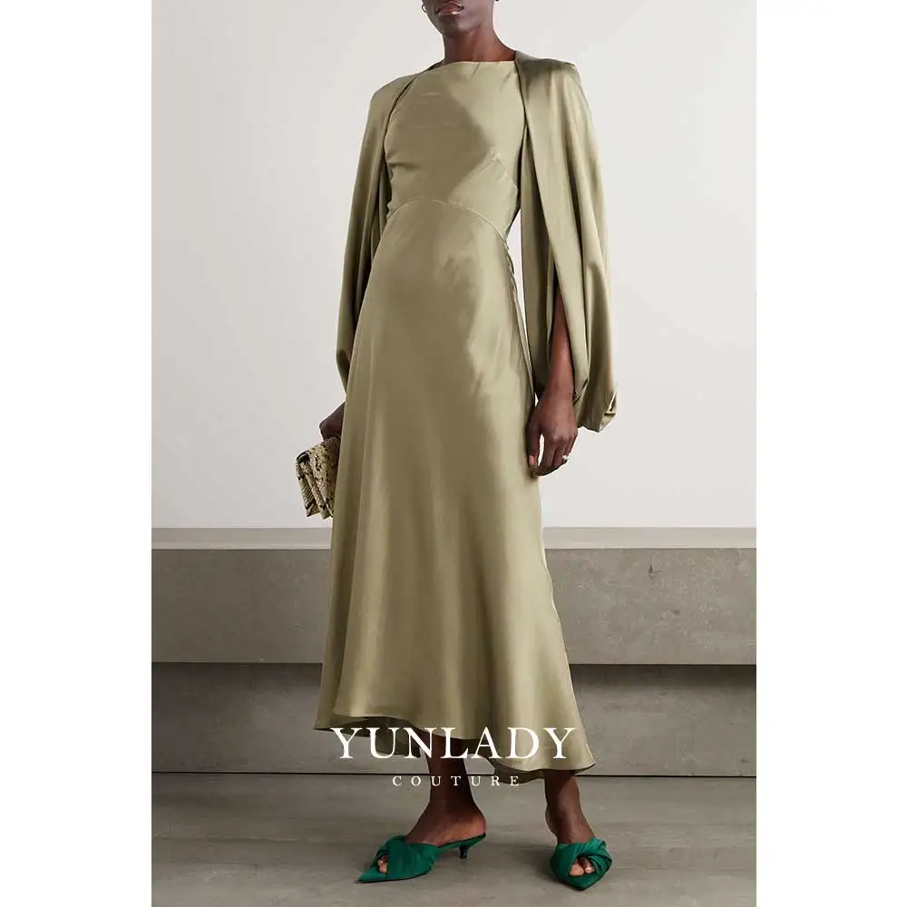 

YUNLAN Customized O-Neck Draped Satin Maxi Elegant Evening Dress Arabic Women Long Sleeves Soft Formal Wedding Party Gowns