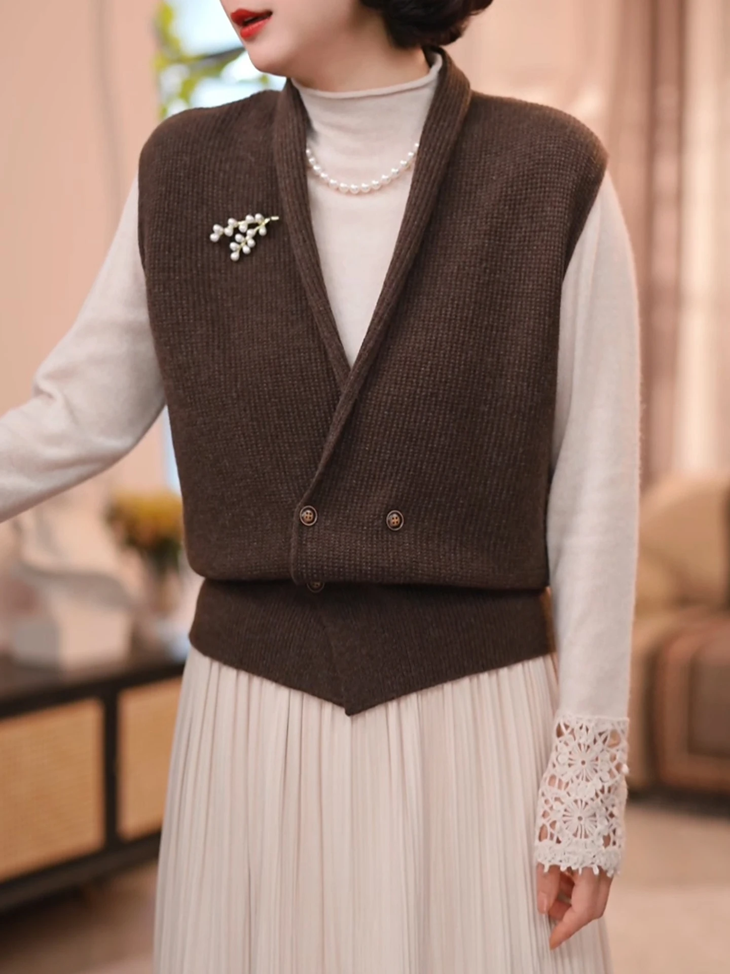 f-Cuello alto Base lavorata a maglia in puro colore irt Stratificazione Casual Versatile Dimagrante Autunno Inverno Gilet retrò per donna