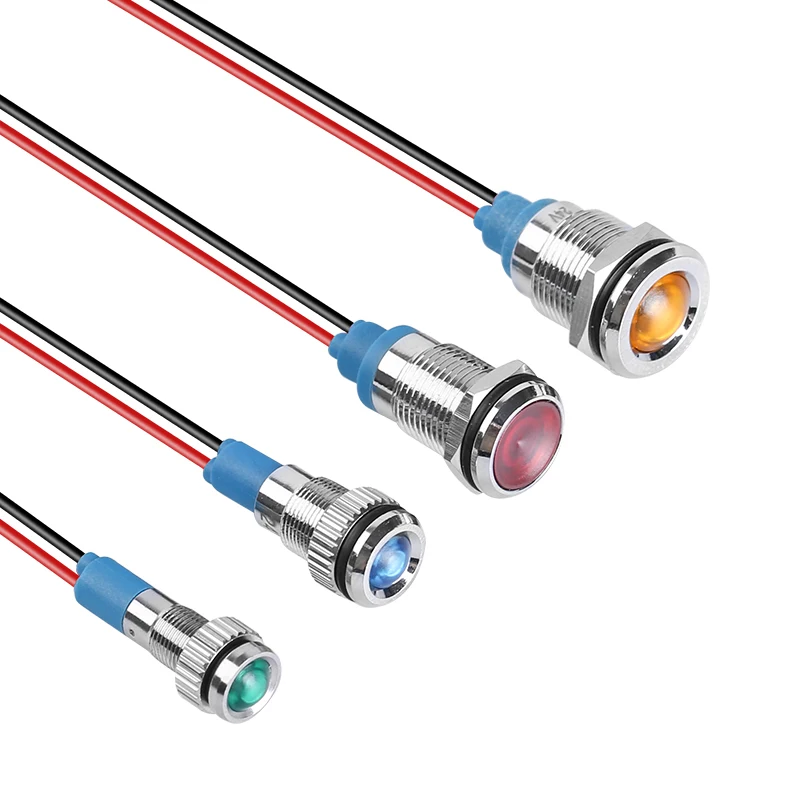 Voyant LED en métal étanche IP67, indicateur d\'iode, lampe de signalisation, fils pilotes, interrupteur, 6V, 12V, 24V, 220V, rouge, bleu, 6mm, 8mm,