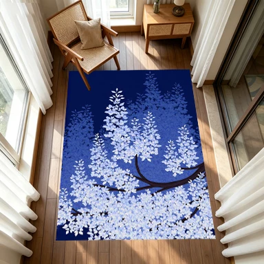 Blue Night Scene Leaves Art Carpet Floor Decoration Mat, Dark Color Non-Slip Decorative Carpet, Suitable for Home Decoration