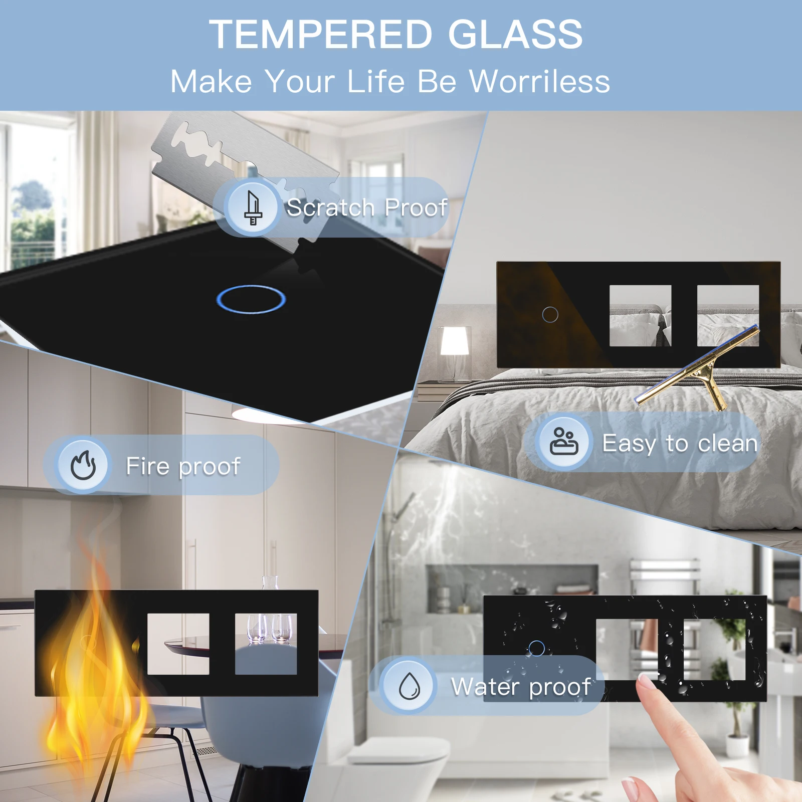 BSEED Touch Light Switches 2Way Wall Switches 1/2/3Gang LED Switches Blue Backlight EU Standard Sockets Home USB Phone Charge