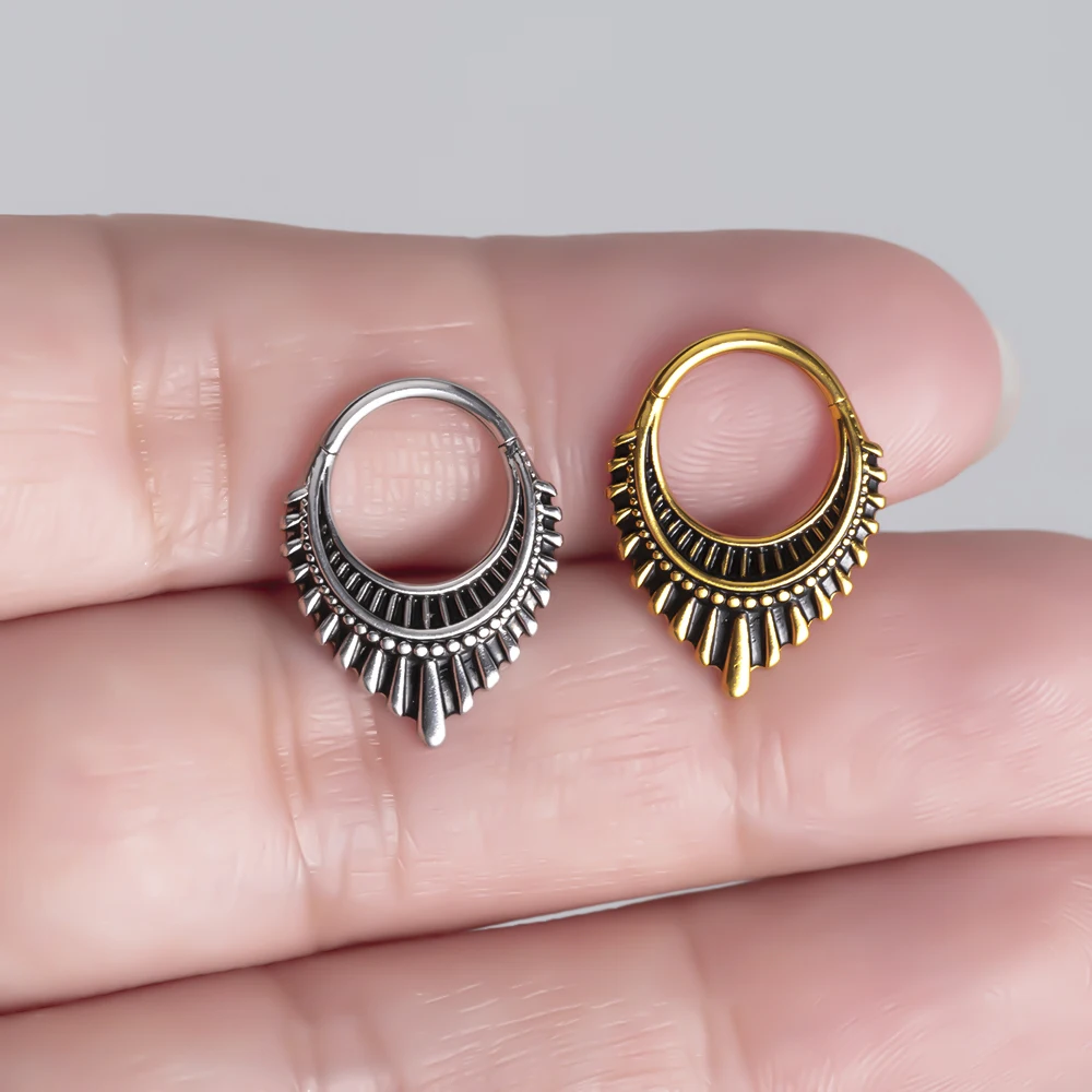 Vankula 1pcs Boho Tribal Crescent Septum Nose Ring Vintage Sunburst Cuff Hoop Hypoallergenic 316 Stainless Steel Ethnic Jewelry view 4