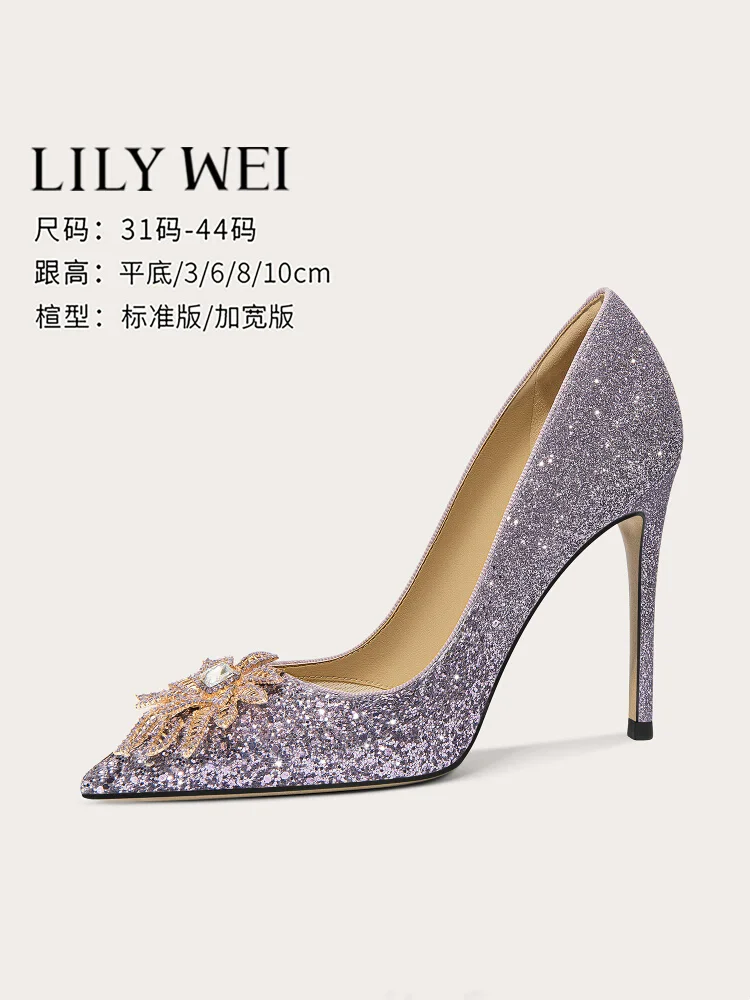 

Spring new light purple sequins rhinestone flat widened single shoes stil high heels banquet large size small size women's shoes