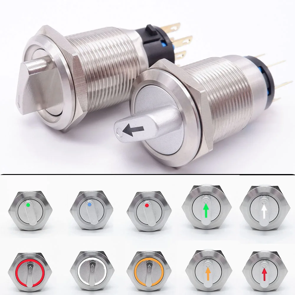 19mm Self-return Momentary Self-locking Fixation Waterproof DPDT Illuminated Metal Selector Rotary Switch 2/3 Position Red Green