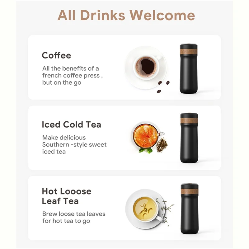 

ABMR-2 In 1 Portable 320Ml Coffee Pot French Press Coffee Maker Stainless Steel Chilled Insulated 8H Travel Mug With Filter