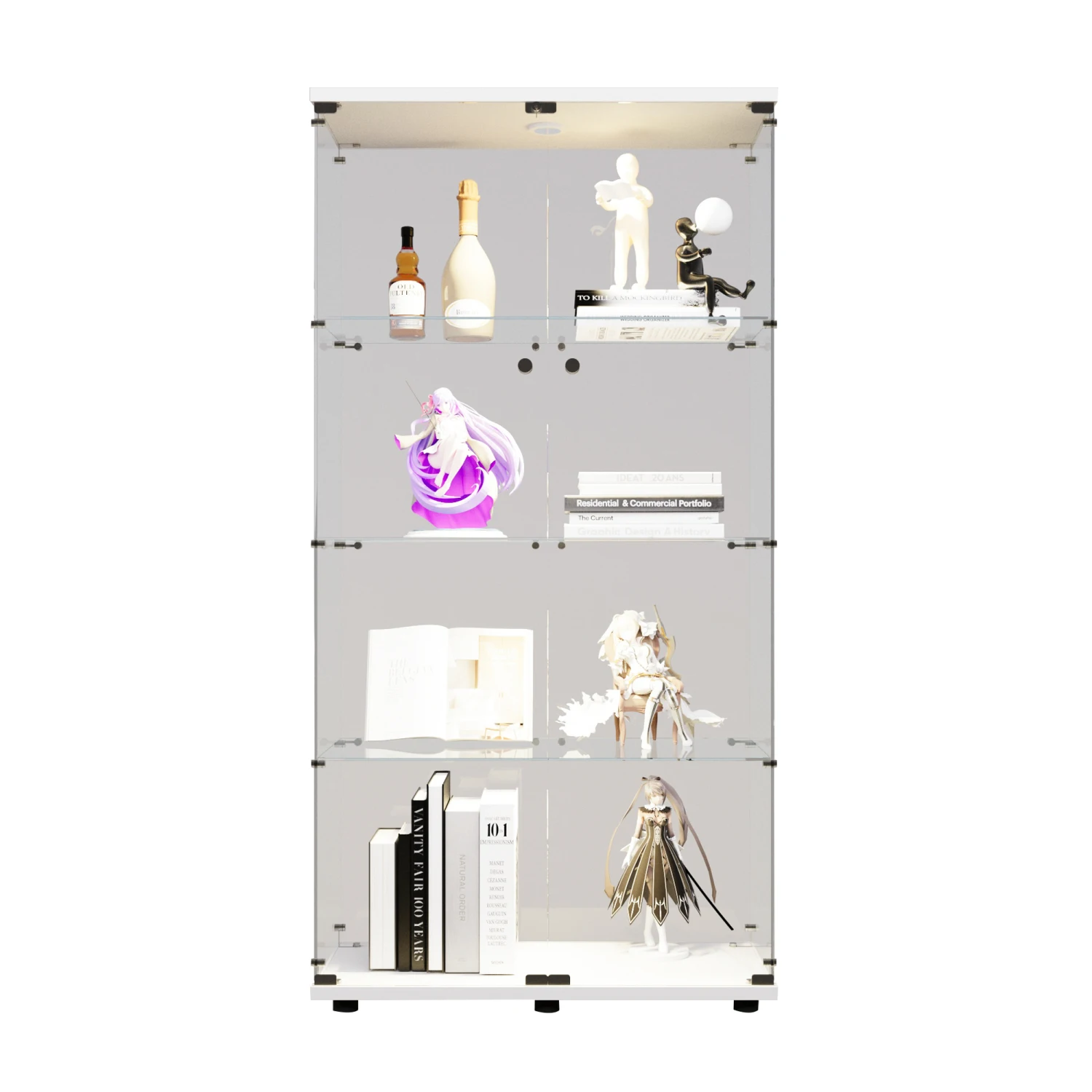 Two-door LED lights Glass Display Cabinet 4 Shelves, Floor Standing Curio Bookshelf, Living Room Bedroom Office Furniture, 64.7"