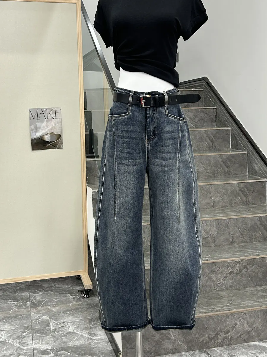 

Женские джинсы с высокой талией и прямыми штанинами, модные осенние повседневные брюки больших размеров для фигуры типа «груша» с поясом и карманами, для работы и повседневной носки.