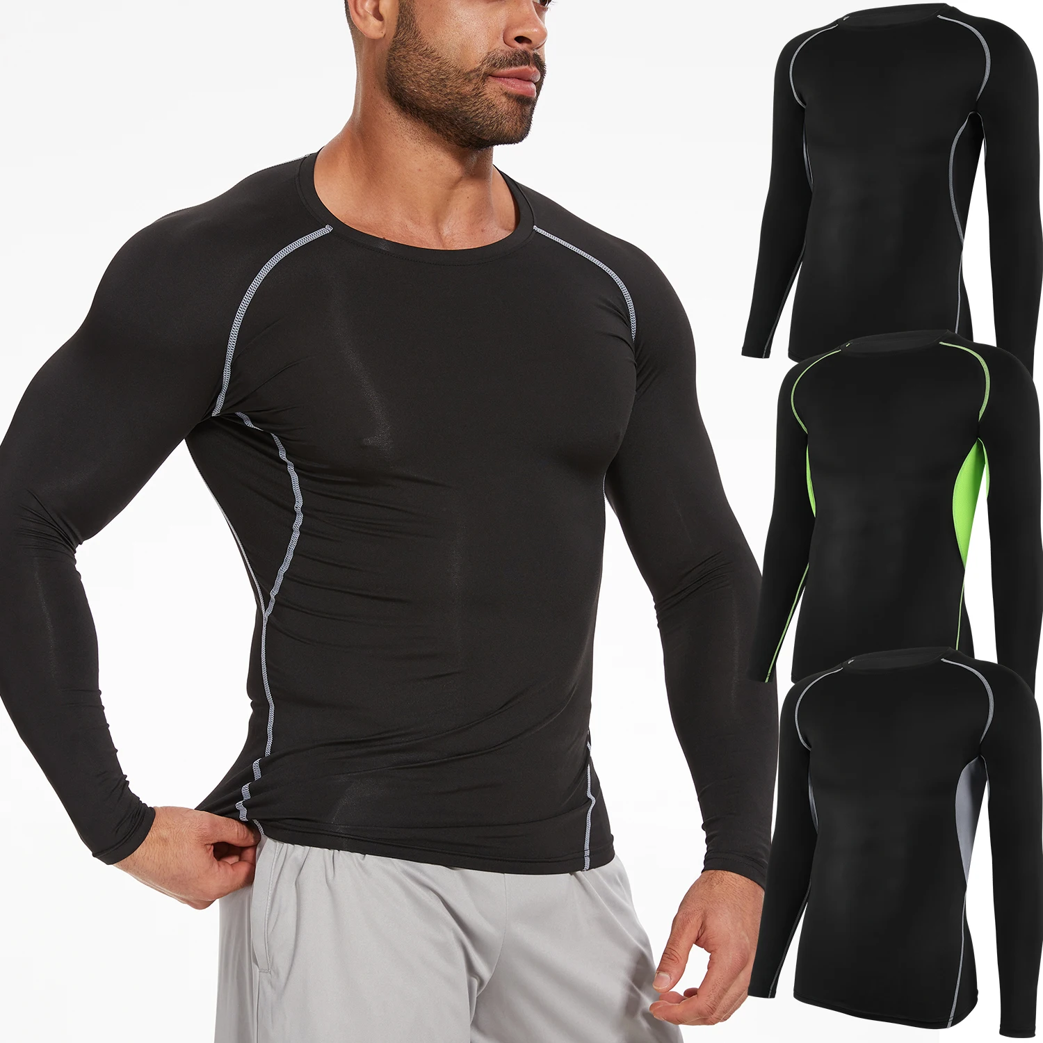 

Long Sleeved Quick Drying Shirts Men's Round Neck Breathable Shapewear Slimming Undershirt Gym Fitness Jogging Cycling T-Shirt