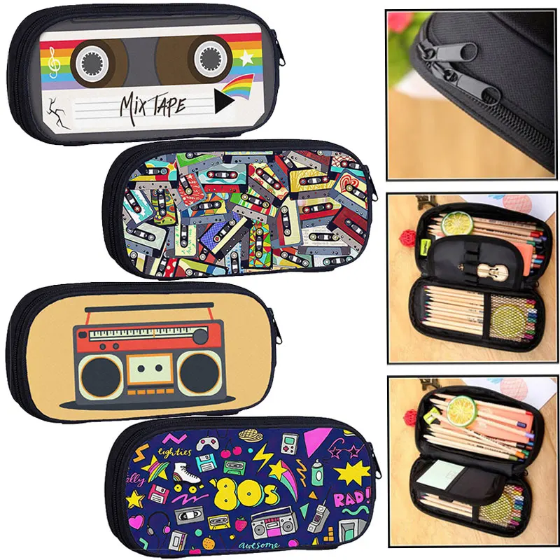 Vintage Cassette Audio Mixtape Print Pencil Bag Back To 80s 90s Makeup Bags MusicTape Pencil Box Stationary School Supplies Gift