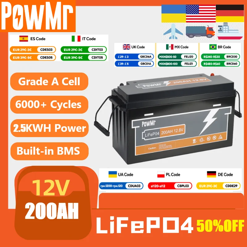 LiFePO4 12V 200Ah batteria al litio 2.5KWH 6500 + cicli BMS batteria al fosfato di ferro RV Boat Yacht sistema di accumulo di energia solare