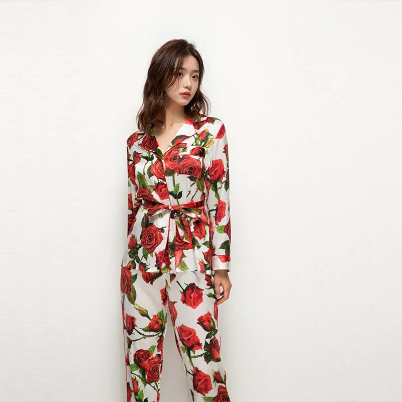 High Quality Spring and Autumn Pajamas Women's Real Silk Real Silk% Suit Long-Sleeved Homewear Printed