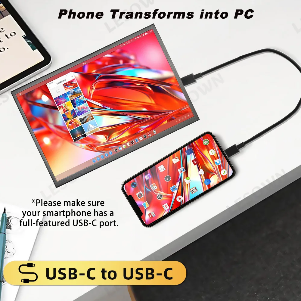 LESOWN 2K Touch Portable Monitor 10.1 2560x1600 USB-C HDMI Compatible Wide Screen Computer Display for Windows Laptop Smartphone